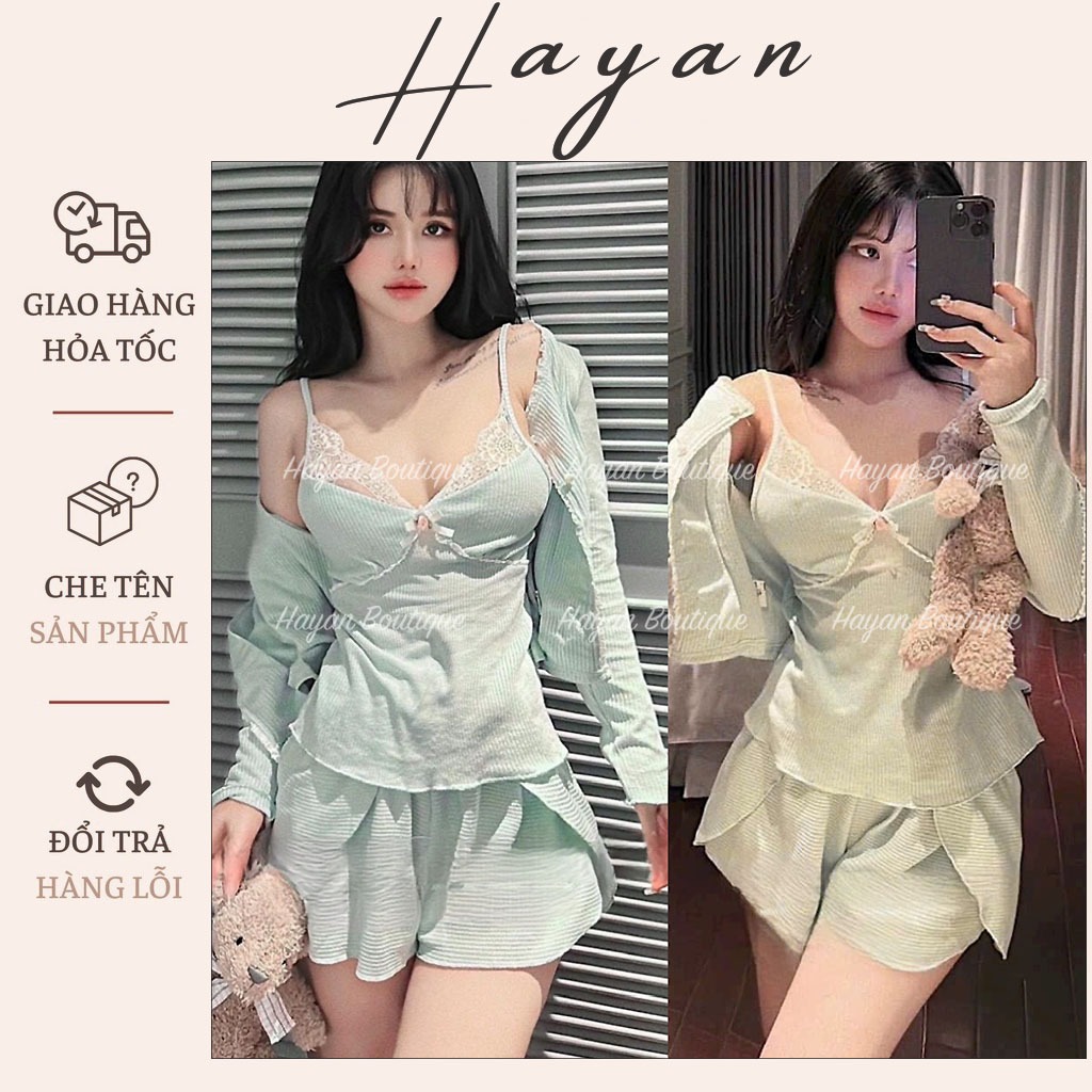 HT371 Set 3 món đồ ngủ và áo choàng kèm ĐỆM LÓT, bộ ngủ tiểu thư MIEMMOC sang chảnh HT371