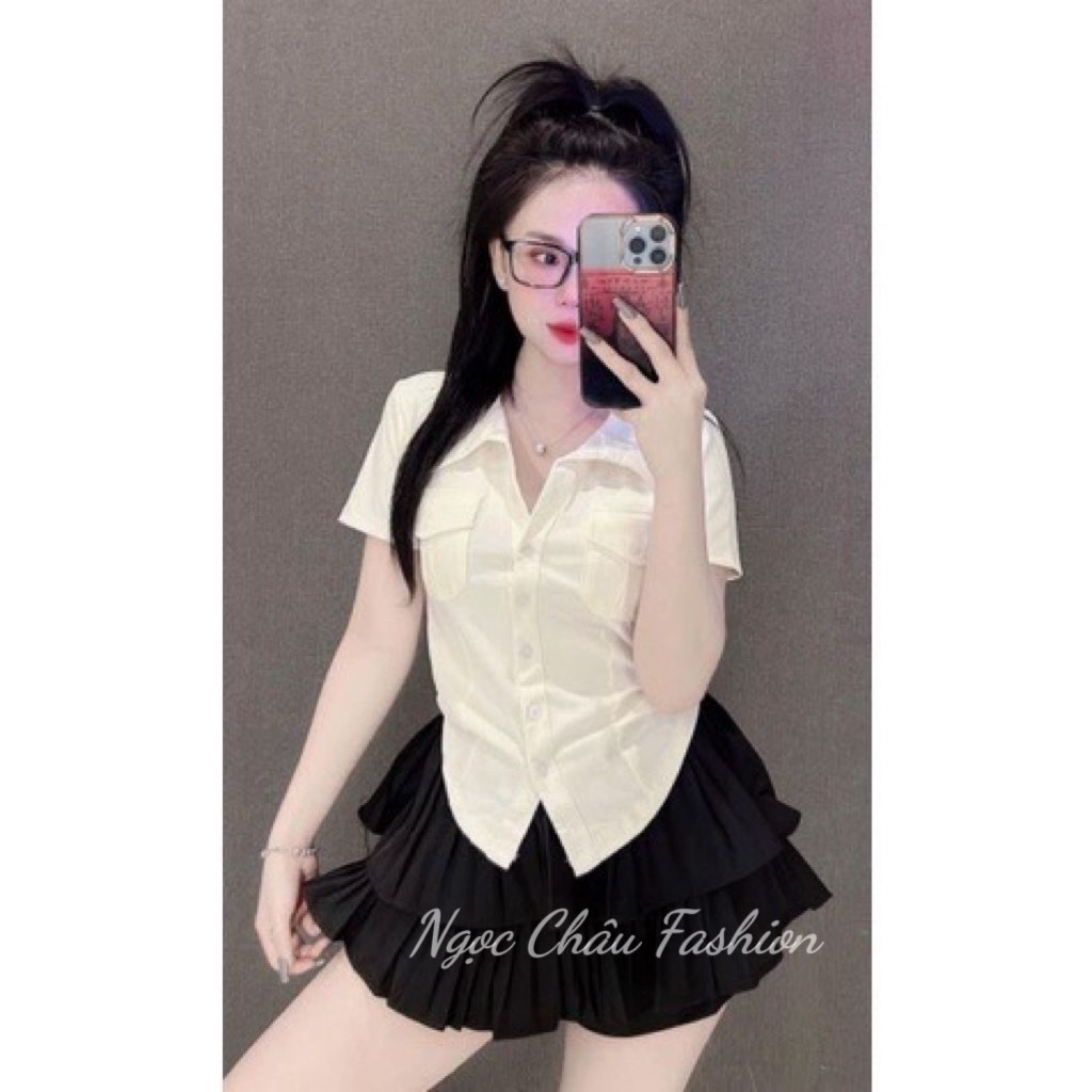 Áo thun dáng ôm nữ kiểu cổ sơ mi túi nắp  4 màu kem, đen, xanh, xám form 38-55kg