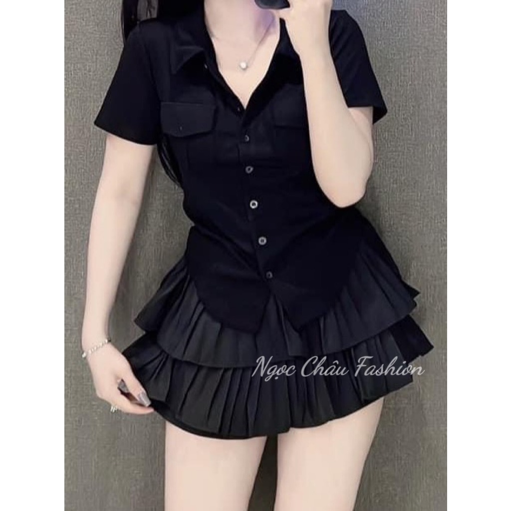 Áo thun dáng ôm nữ kiểu cổ sơ mi túi nắp  4 màu kem, đen, xanh, xám form 38-55kg