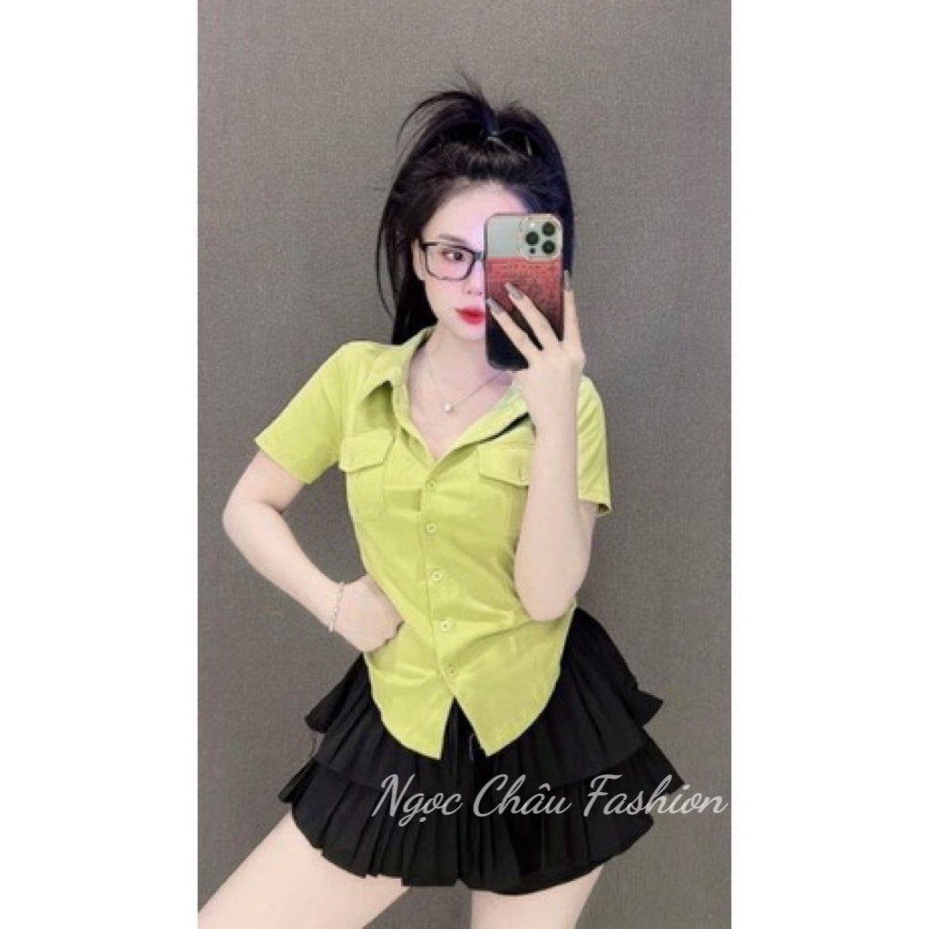 Áo thun dáng ôm nữ kiểu cổ sơ mi túi nắp  4 màu kem, đen, xanh, xám form 38-55kg