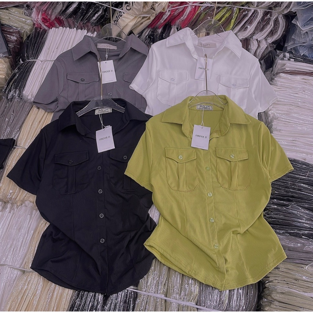 Áo thun dáng ôm nữ kiểu cổ sơ mi túi nắp  4 màu kem, đen, xanh, xám form 38-55kg