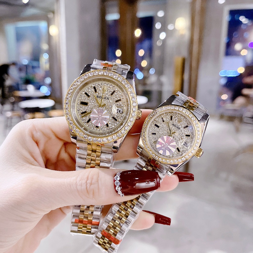 Combo đồng hồ đôi dây kim loại đeo tay chống nước cao cấp thời trang sang trọng R0lex nam 40mm nữ size 32mm , vỏ thép