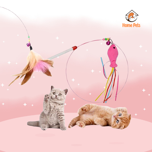 Đồ Chơi Cần Câu Mèo gắn lông vũ, Đồ chơi cho thú cưng dây thép gắn lông vũ giúp mèo giảm stress, tăng hưng phấn