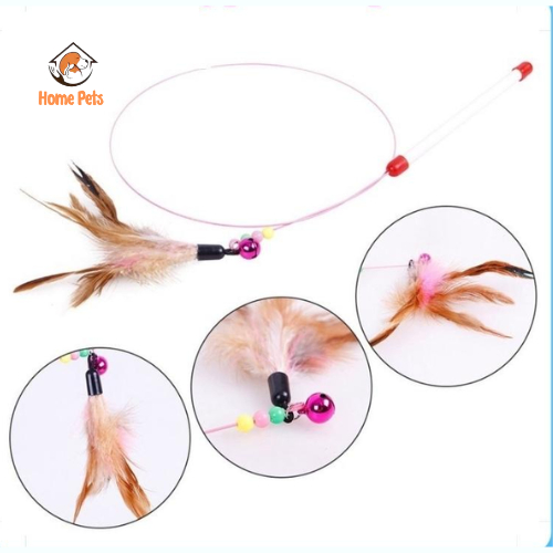 Đồ Chơi Cần Câu Mèo gắn lông vũ, Đồ chơi cho thú cưng dây thép gắn lông vũ giúp mèo giảm stress, tăng hưng phấn