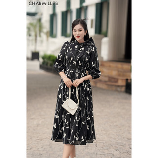 Đầm Charmilles Tay lỡ, cổ tàu nơ họa tiết hoa Trắng - Đen 23MD298DE