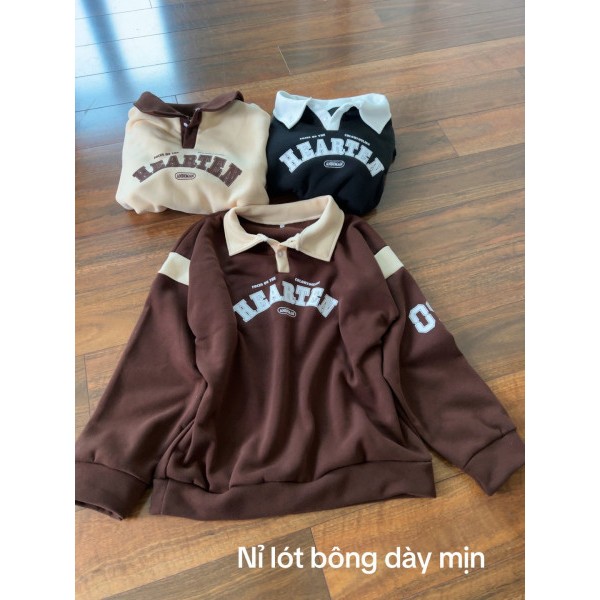 Áo sweater polo dài tay họa tiết chữ Hearten form unisex - Thun suông cổ bẻ dáng rộng phong cách trẻ trung hàn quốc