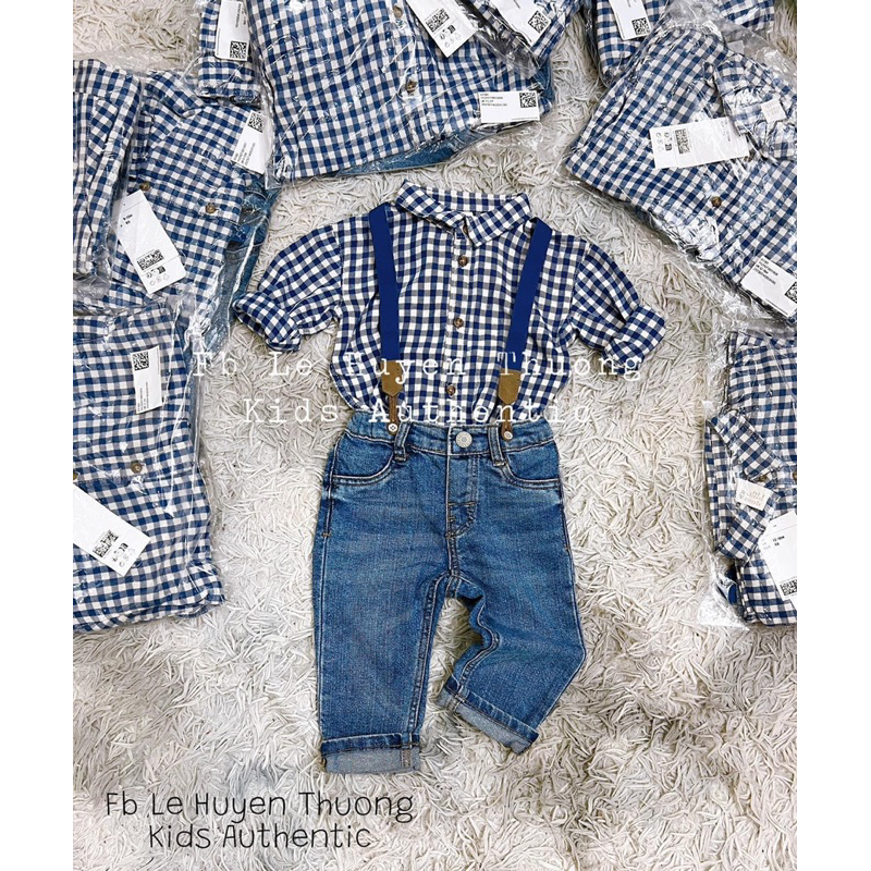 Set công tử áo dài kẻ xanh quần bò kèm đai