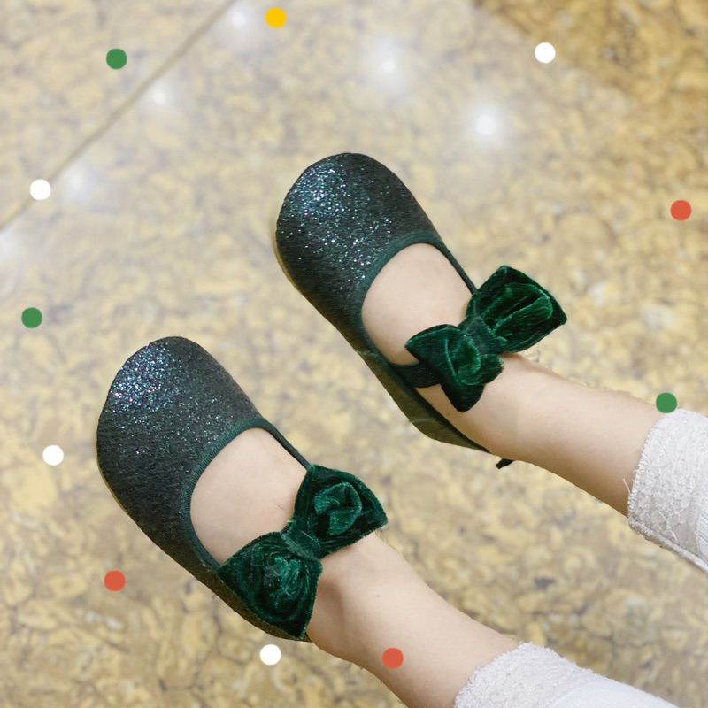 Giày Búp Bê Kim Sa Lấp Lánh Quai Chun Đính Nơ Nhung Cho Bé Gái Size Nhí 18/19 - 25