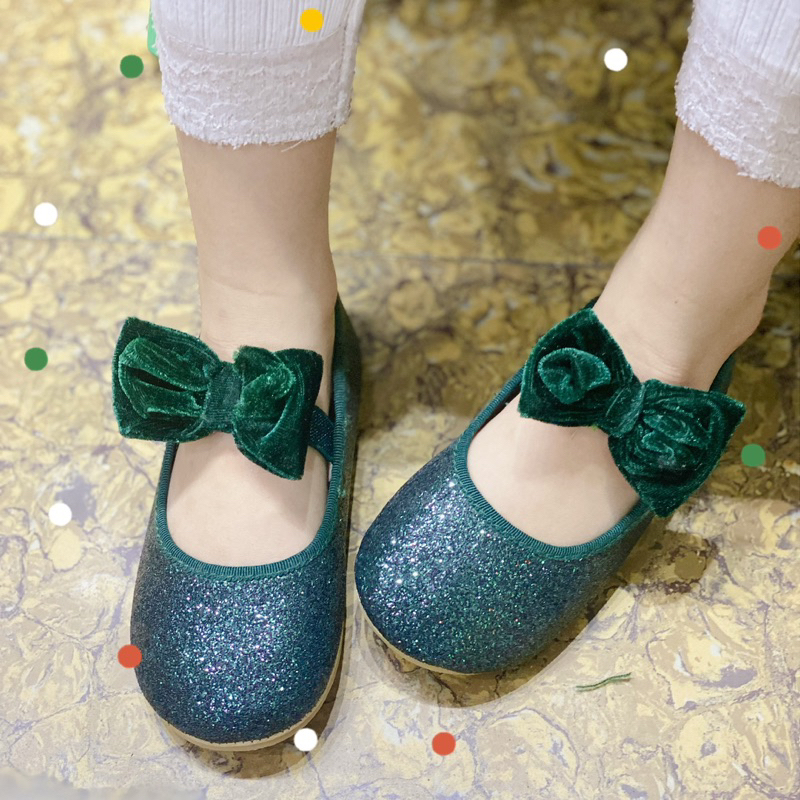Giày Búp Bê Kim Sa Lấp Lánh Quai Chun Đính Nơ Nhung Cho Bé Gái Size Nhí 18/19 - 25