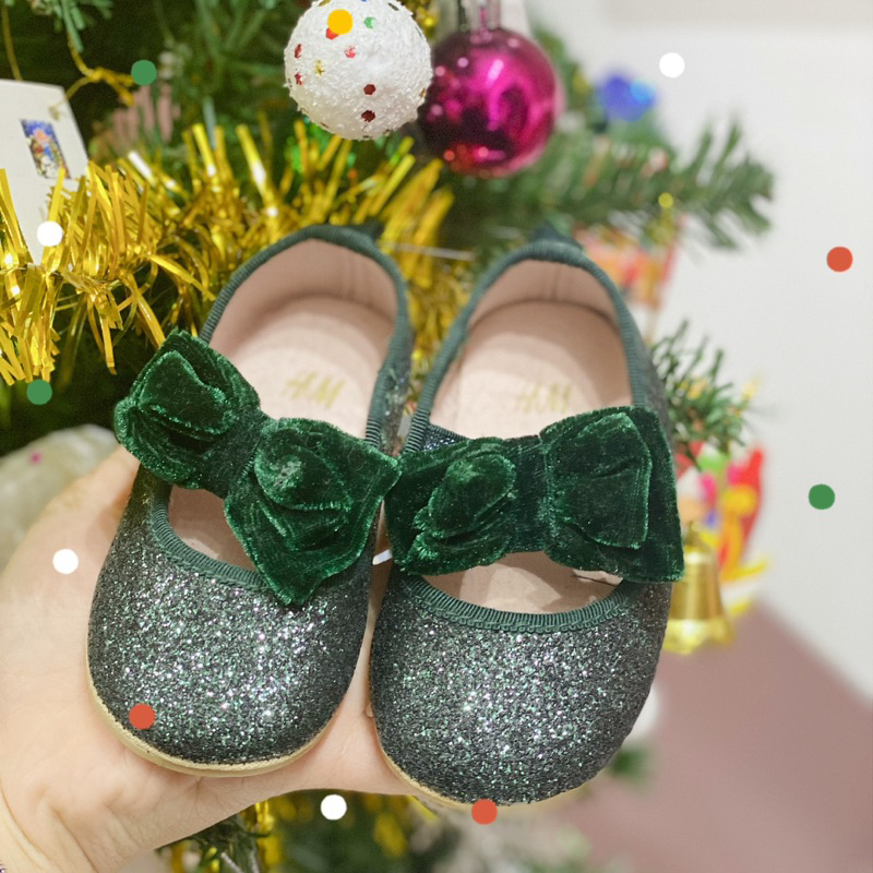 Giày Búp Bê Kim Sa Lấp Lánh Quai Chun Đính Nơ Nhung Cho Bé Gái Size Nhí 18/19 - 25