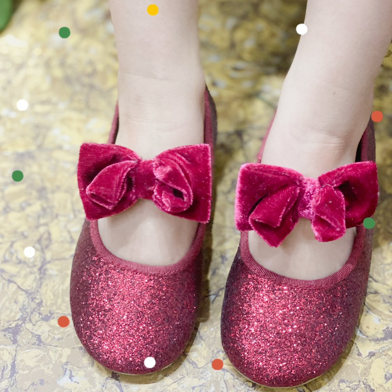 Giày Búp Bê Kim Sa Lấp Lánh Quai Chun Đính Nơ Nhung Cho Bé Gái Size Nhí 18/19 - 25