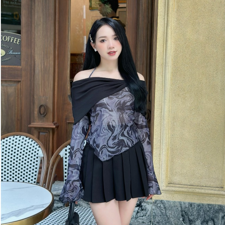 Áo trễ vai tay dài, vải lưới loang phối màu cá tính, sexy TVL07