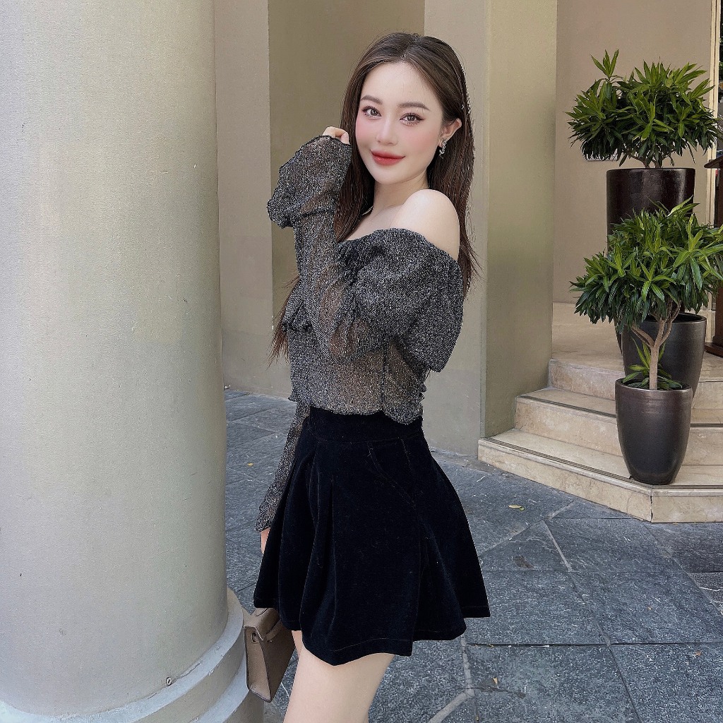 Áo trễ vai lưới kim sa lấp lánh AKS822 dáng croptop
