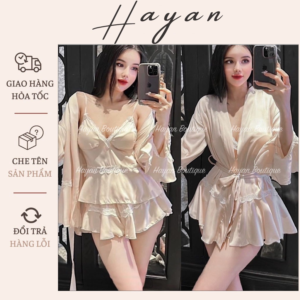 HT372 Set 3 món đồ ngủ và áo choàng phối ren kèm ĐỆM LÓT, bộ ngủ tiểu thư MIEMMOC sang chảnh HT372