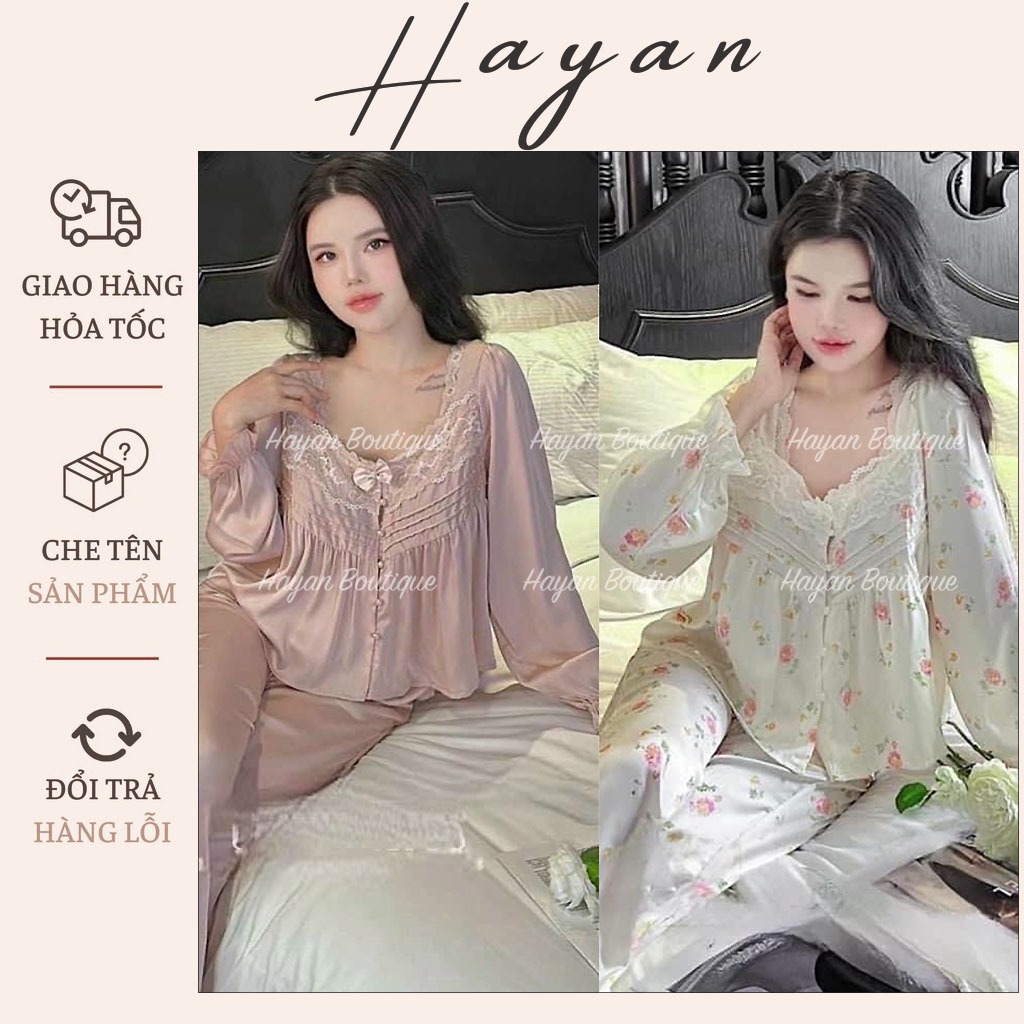 HT373 Bộ đồ ngủ lụa cao cấp hoa cúc ngọc LyLy, pijama dài tay phối ren tiểu thư hithot HT373