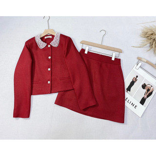 Set dạ tweed cổ tròn gồm áo khoác và chân váy có lót