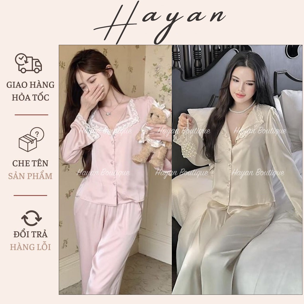 HT375 Bộ đồ ngủ lụa LyLy cổ vuông cao cấp, pijama dài tay phối ren tiểu thư sang chảnh HT375