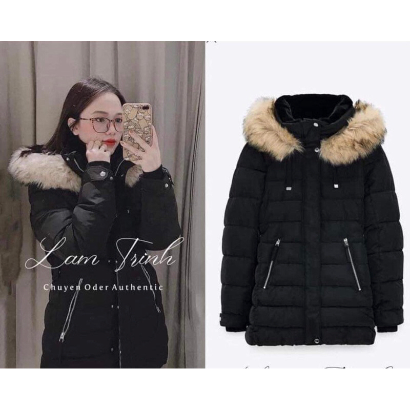 Áo phao zara dáng parka màu đen túi khóa