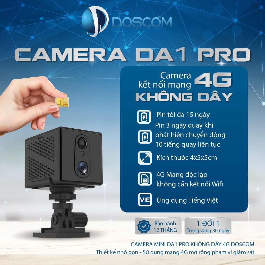 Camera 4G DOSCOM DA1 Pro - Dùng Mạng 4G, Pin Tối Đa 15 Ngày, Full HD 2mp