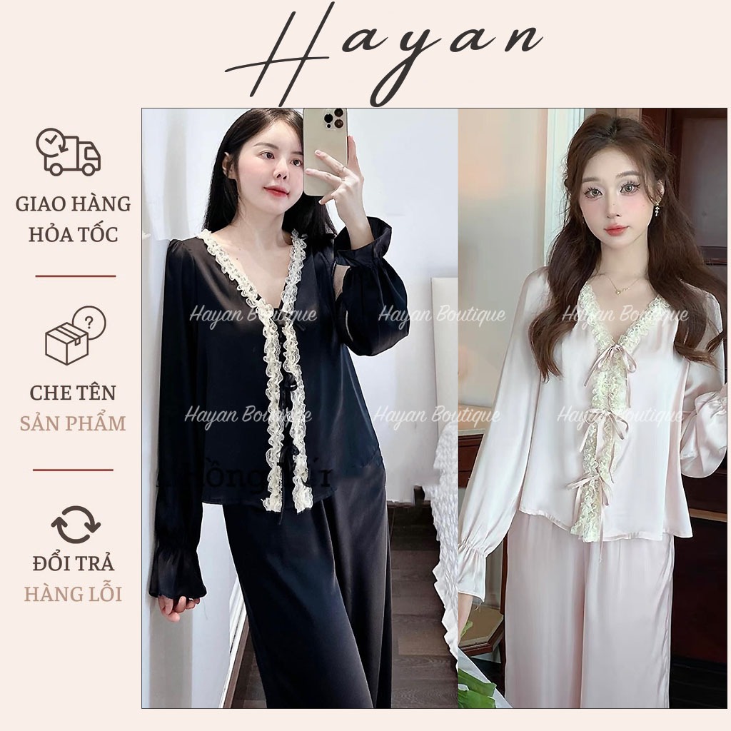 HT376 Bộ đồ ngủ lụa LyLy ren hoa nhí sang chảnh, pijama dài tay tay bèo tiểu thư hit hot HT376