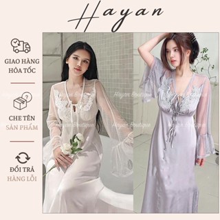 HT955 Váy ngủ lụa dáng dài phối ren tay bồng kèm ĐỆM LÓT hoa ngực dáng xoè tôn dáng HT955 MÚT