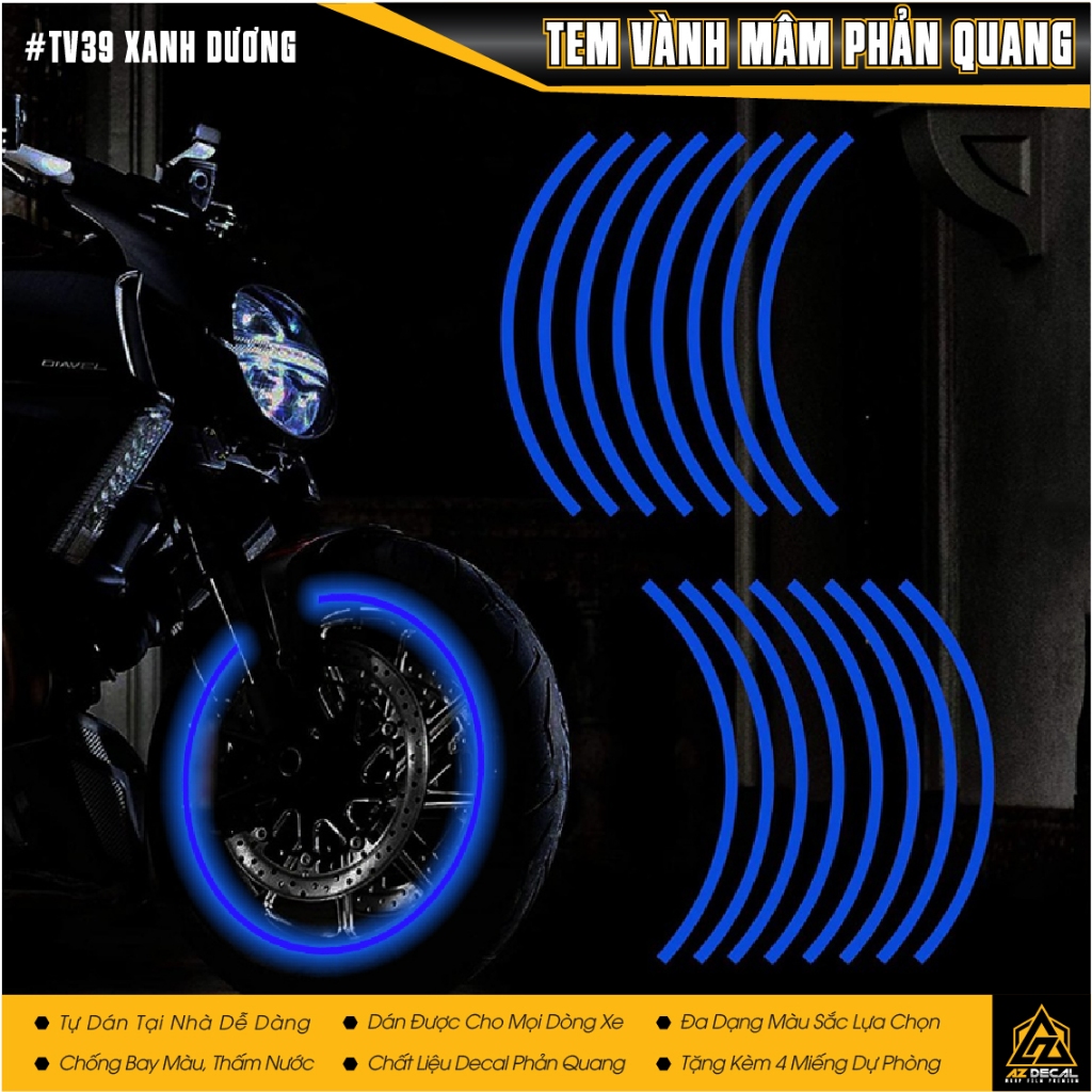 Tem Dán Vành Xe Máy Phản Quang | TV39 | Decal Mâm Xe Máy Phản Quang, Chống Nước, Dễ Dán