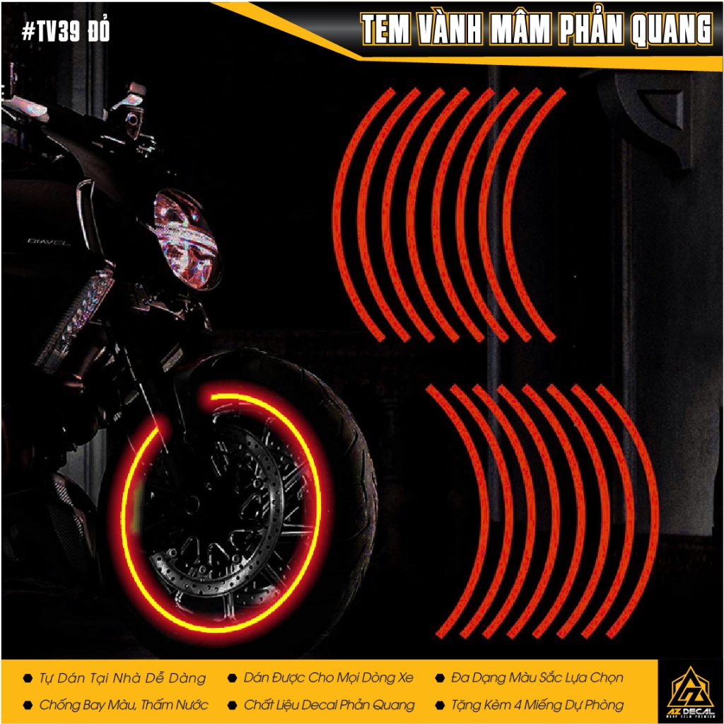 Tem Dán Vành Xe Máy Phản Quang | TV39 | Decal Mâm Xe Máy Phản Quang, Chống Nước, Dễ Dán