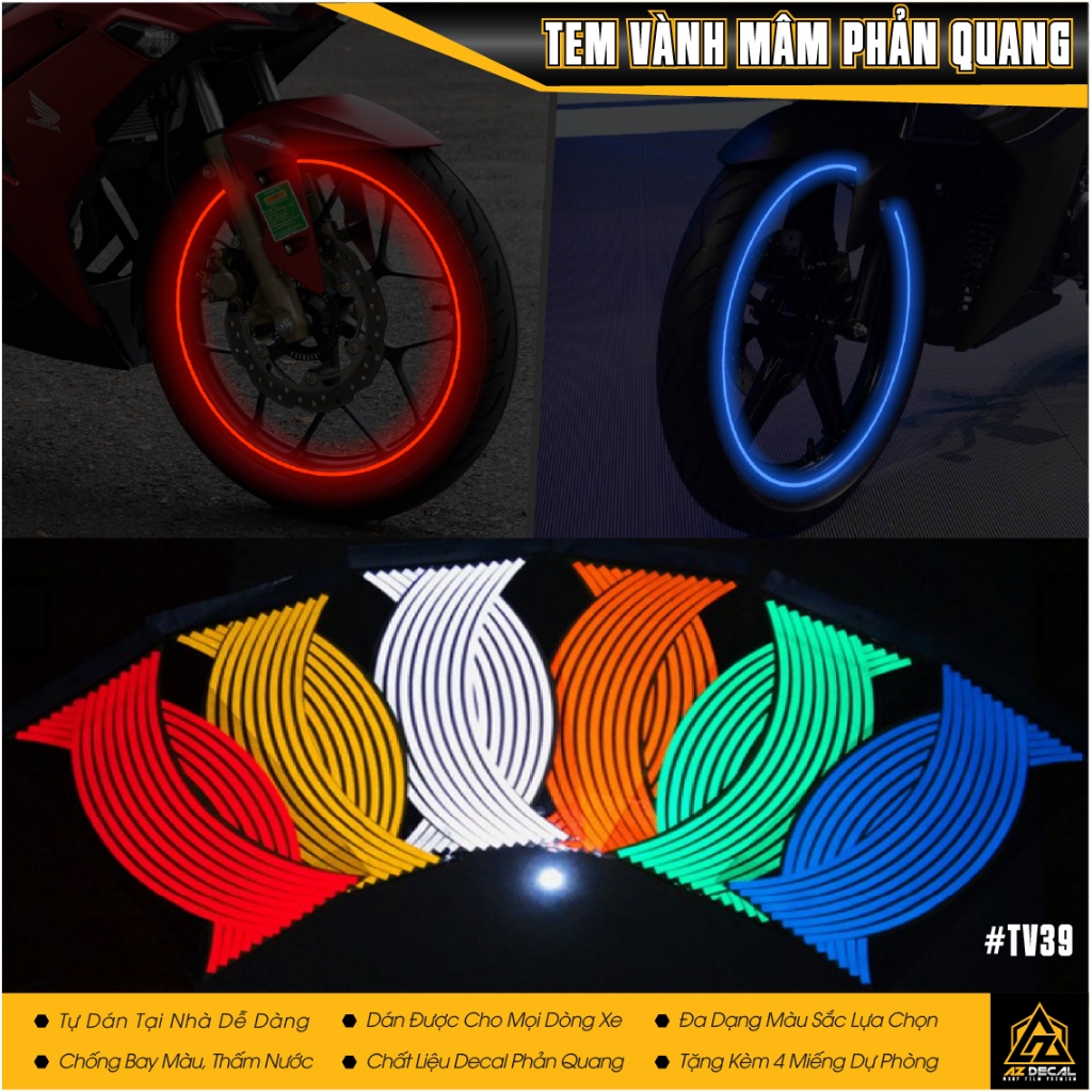 Tem Dán Vành Xe Máy Phản Quang | TV39 | Decal Mâm Xe Máy Phản Quang, Chống Nước, Dễ Dán