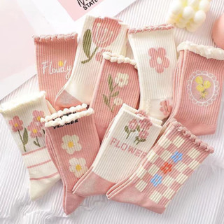 Set Tất Cổ Cao Phối Ren Màu Hồng Phong Cách Nhật Bản Thời Trang Thu Đông Cho Nữ