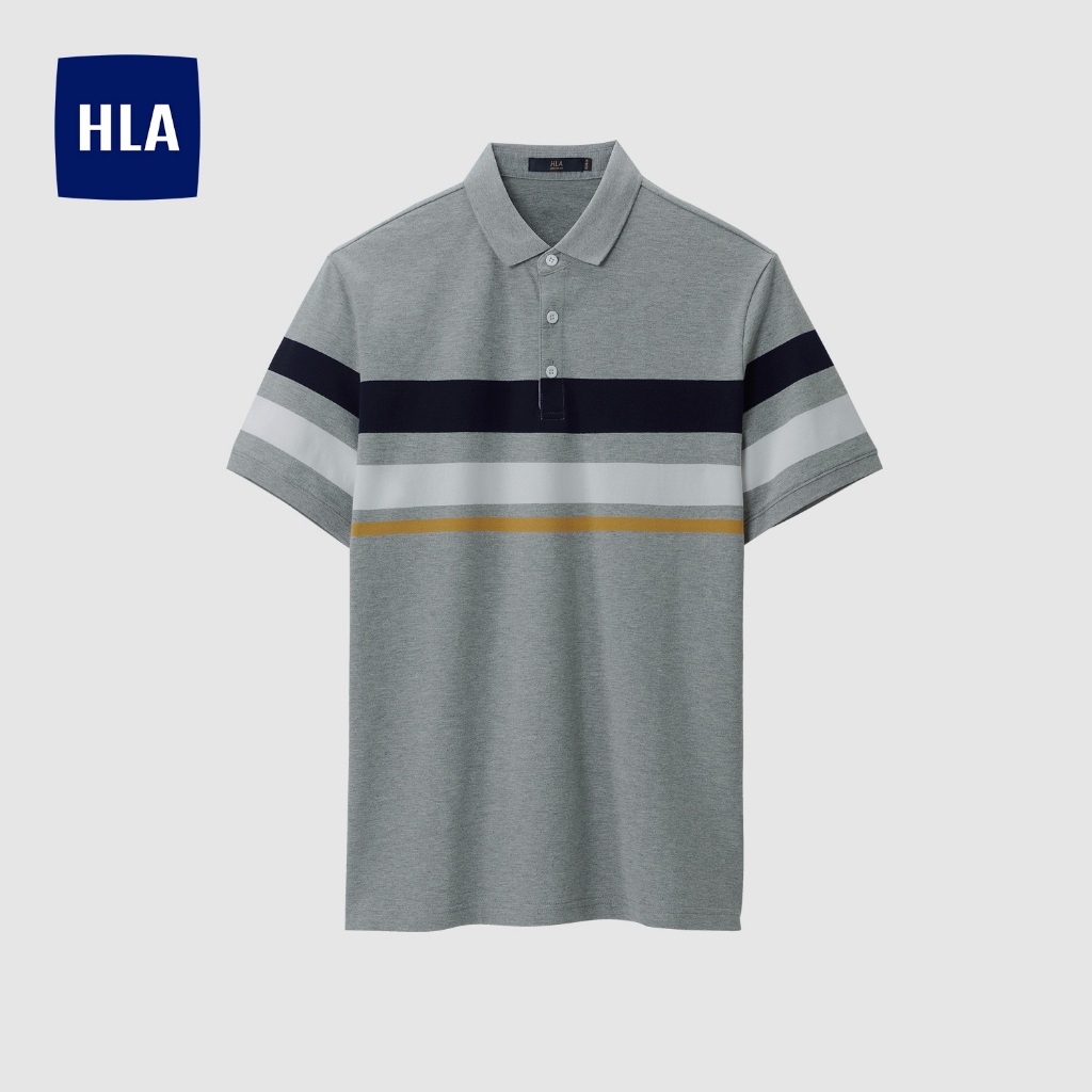 HLA - Áo POLO nam ngắn tay phối sọc màu mềm mại, đàn hồi Horizontal striped elastic gentle grey Polo Shirt