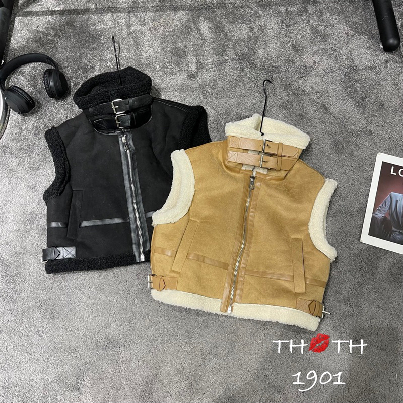 Áo ghile da lộn lót lông 2 khuy cổ đứng siêu hót