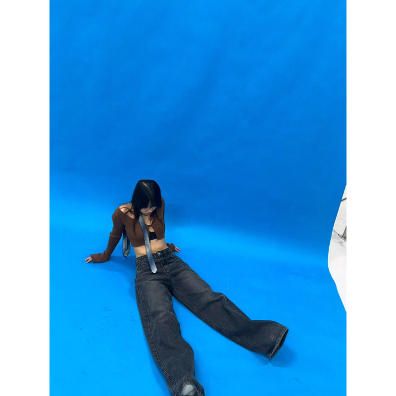 QUẦN JEANS SUÔNG RỘNG LƯNG CAO - XÁM ĐEN WASH