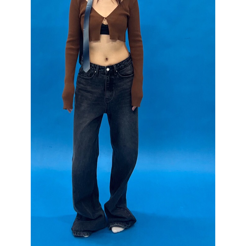 QUẦN JEANS SUÔNG RỘNG LƯNG CAO - XÁM ĐEN WASH