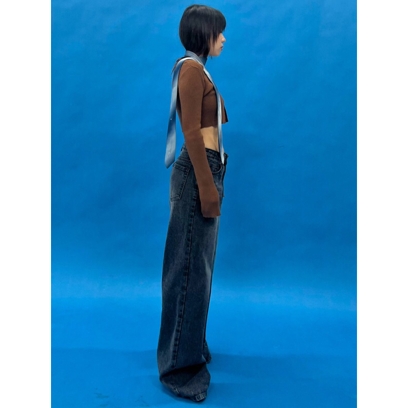 QUẦN JEANS SUÔNG RỘNG LƯNG CAO - XÁM ĐEN WASH