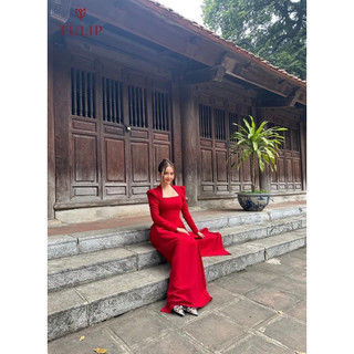 Áo dài lụa NGỌC TRAI  co giãn mềm mại đỏ tay bồng dáng truyền thống ÁO DÀI BẢO HIẾU.