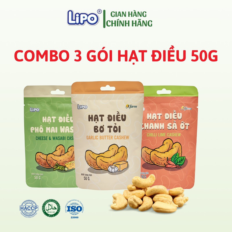Set 3 gói Hạt điều Lipo dinh dưỡng ăn liền 50g mix vị