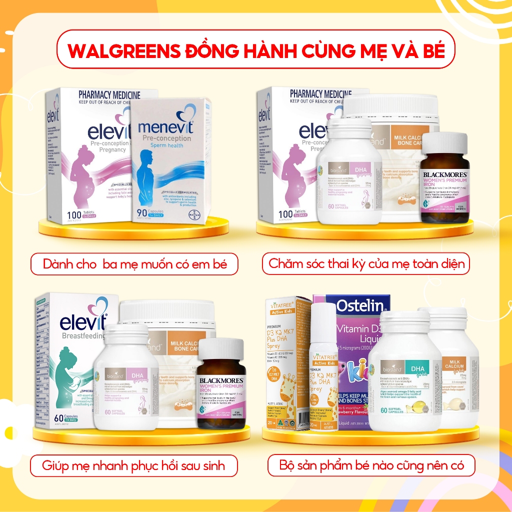 Combo Bioisland, Elevit canxi hữu cơ chăm sóc sức khoẻ mẹ bầu mẹ khoẻ bé thông minh