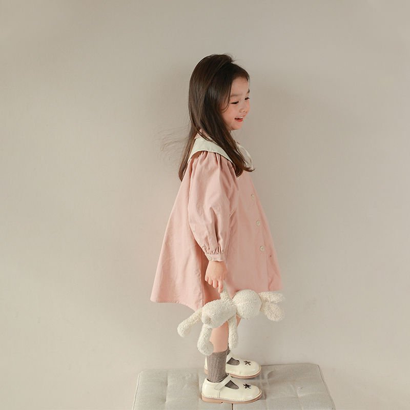 Váy Bé Gái The Pig Đầm Thu Đông Màu Hồng Baby Phối Cổ Áo Trắng Cho Bé Đi Học Đi Chơi Chất Thô Cotton Loại 1 Siêu Mềm Mịn