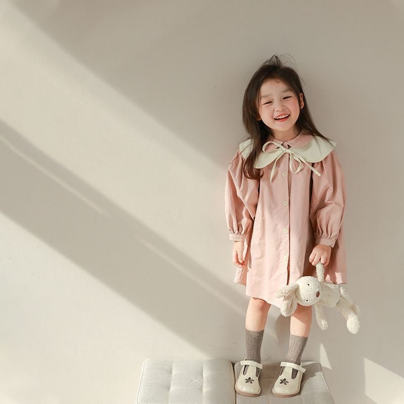 Váy Bé Gái The Pig Đầm Thu Đông Màu Hồng Baby Phối Cổ Áo Trắng Cho Bé Đi Học Đi Chơi Chất Thô Cotton Loại 1 Siêu Mềm Mịn