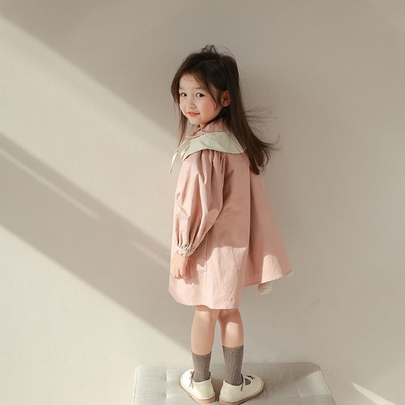 Váy Bé Gái The Pig Đầm Thu Đông Màu Hồng Baby Phối Cổ Áo Trắng Cho Bé Đi Học Đi Chơi Chất Thô Cotton Loại 1 Siêu Mềm Mịn