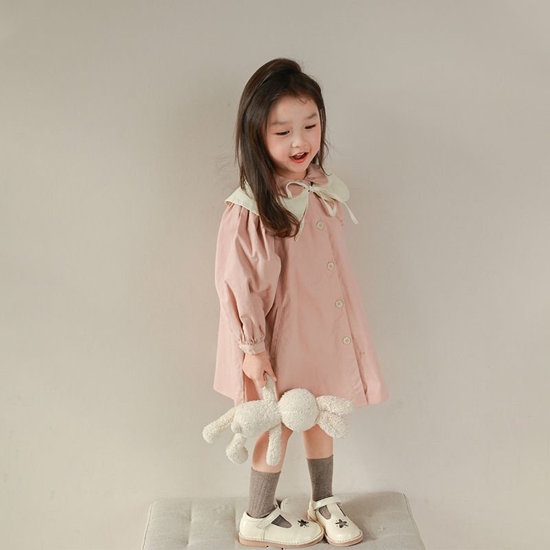 Váy Bé Gái The Pig Đầm Thu Đông Màu Hồng Baby Phối Cổ Áo Trắng Cho Bé Đi Học Đi Chơi Chất Thô Cotton Loại 1 Siêu Mềm Mịn