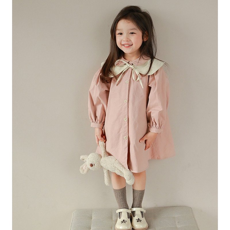 Váy Bé Gái The Pig Đầm Thu Đông Màu Hồng Baby Phối Cổ Áo Trắng Cho Bé Đi Học Đi Chơi Chất Thô Cotton Loại 1 Siêu Mềm Mịn