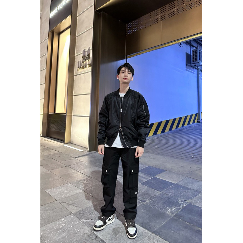 Áo khoác Bomber essentilas trần bông màu đen , bản 2 khoá zip