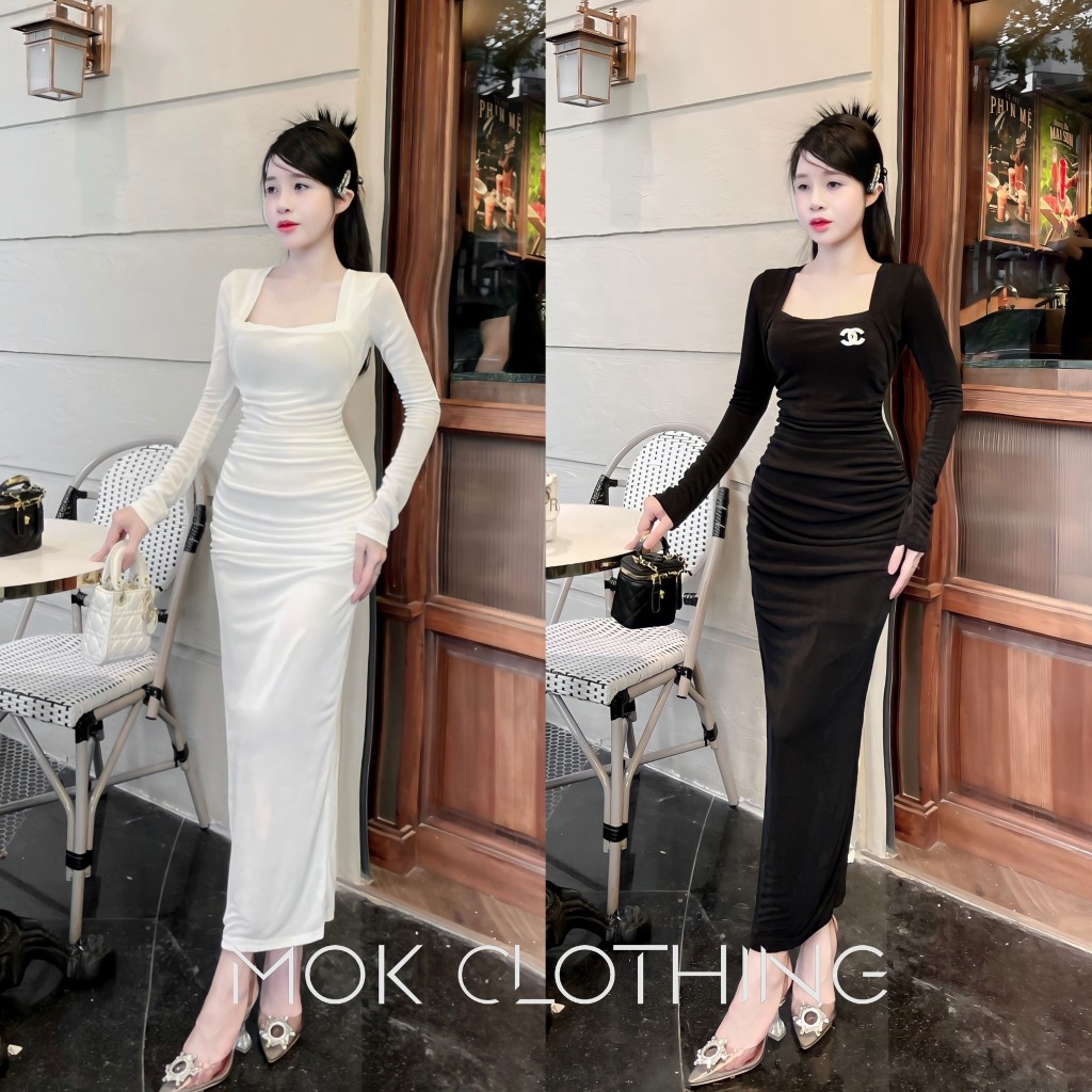 Váy nữ body cổ vuông tay dài, thiết kế ôm body dáng dài siêu tôn dáng 2 màu basic phù hợp đi tiệc, đi chơi