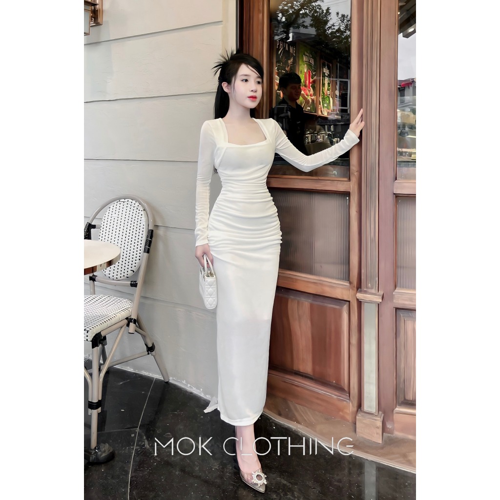 Váy nữ body cổ vuông tay dài, thiết kế ôm body dáng dài siêu tôn dáng 2 màu basic phù hợp đi tiệc, đi chơi
