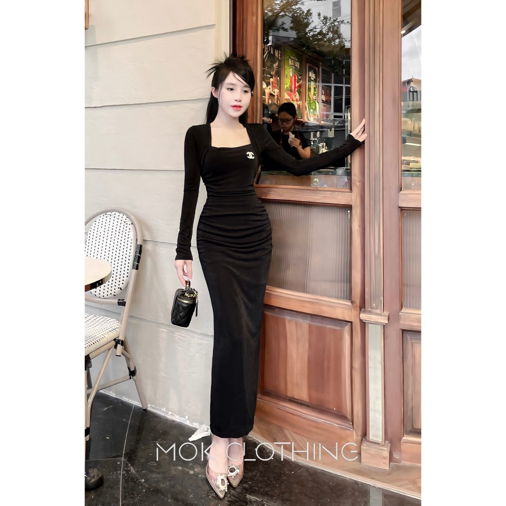 Váy nữ body cổ vuông tay dài, thiết kế ôm body dáng dài siêu tôn dáng 2 màu basic phù hợp đi tiệc, đi chơi