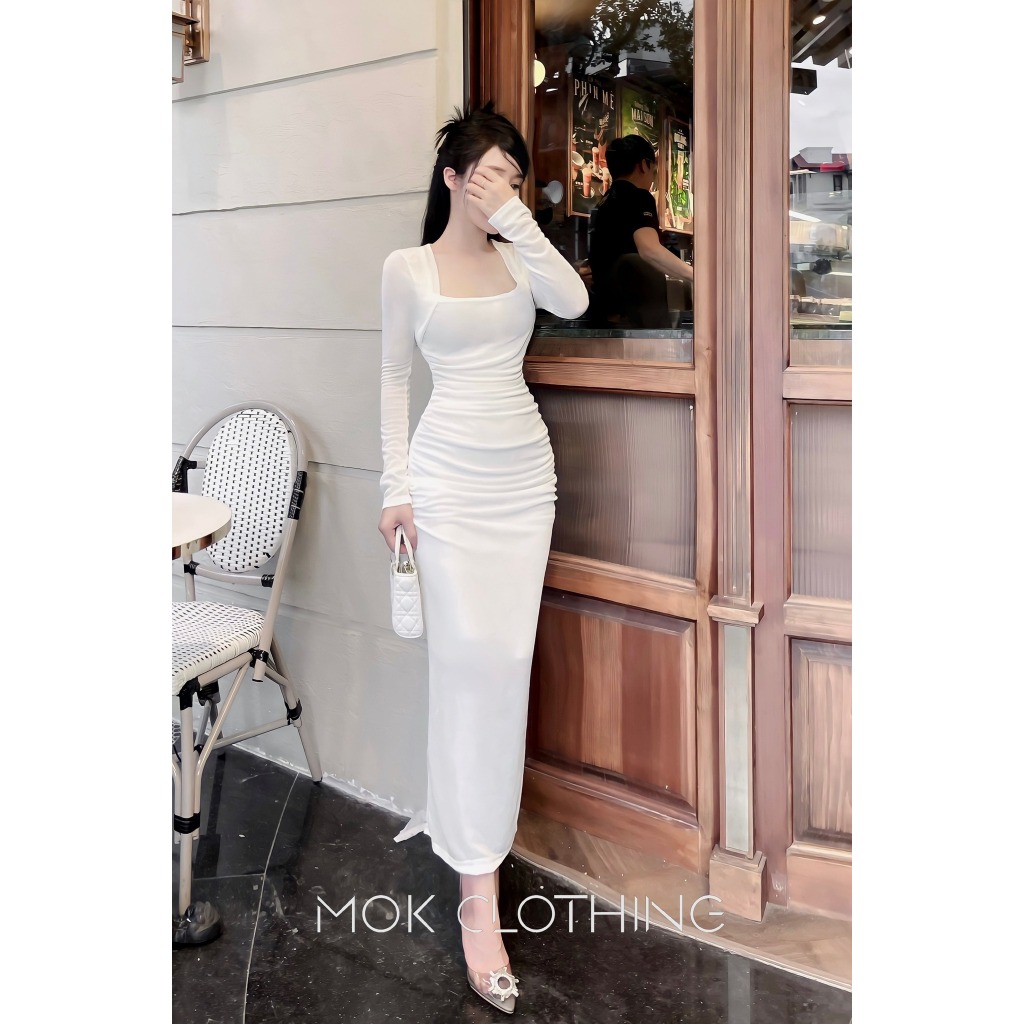 Váy nữ body cổ vuông tay dài, thiết kế ôm body dáng dài siêu tôn dáng 2 màu basic phù hợp đi tiệc, đi chơi