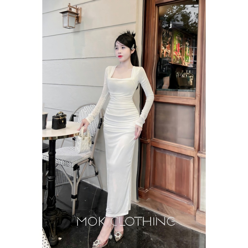 Váy nữ body cổ vuông tay dài, thiết kế ôm body dáng dài siêu tôn dáng 2 màu basic phù hợp đi tiệc, đi chơi