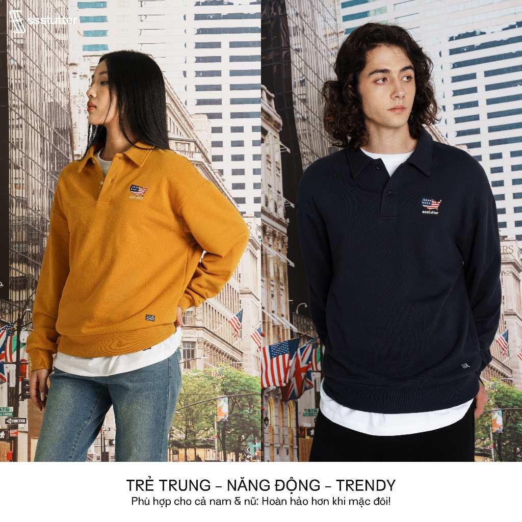 Áo nỉ polo nam nữ SSSTUTTER bo chun thêu phong cách hàn quốc AMERICAN POLO SWEATSHIRT