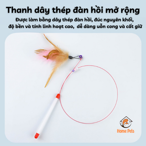 Đồ Chơi Cần Câu Mèo gắn lông vũ, Đồ chơi cho thú cưng dây thép gắn lông vũ giúp mèo giảm stress, tăng hưng phấn